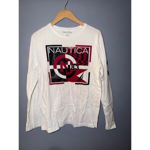 Nautica Long Sleeve Graphic T Shirt Mens L White Cotton Nautical N83